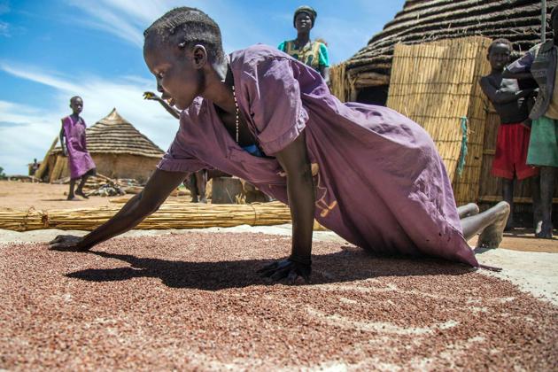 A woman dries a small quantity of sorghum outside her house in Panthau, Northern Bahr al Ghazal, South Sudan.The situation is particularly bad in Aweil West and Aweil South counties, where the exhaustion of household food stocks and growing dependence on financially inaccessible markets have left the population facing Emergency levels of food insecurity. (Albert Gonzalez Farran / AFP) 