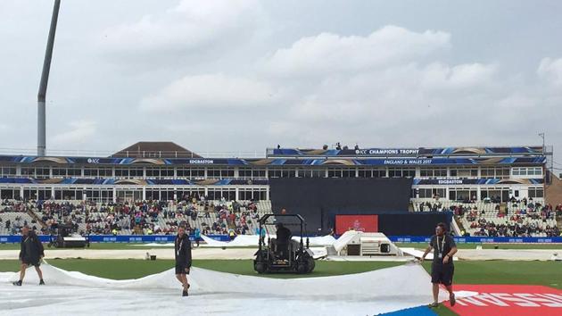Rain halted New Zealand’s progress early on and the match had to be reduced to 46 overs per side. (Twitter) Rain halted New Zealand’s progress early on and the match had to be reduced to 46 overs per side. (Twitter)