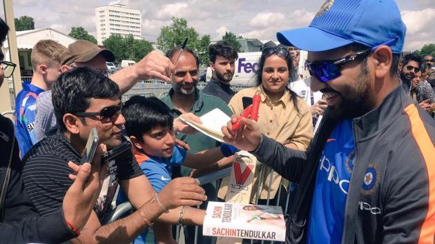 Rohit Sharma interacts with fans ahead of their practice session. (Twitter) Rohit Sharma interacts with fans ahead of their practice session. (Twitter)