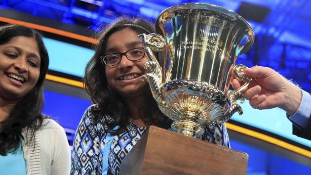 Ananya Vinay, 12, with her mother, holds her trophy after being declared the winner of the 90th Scripps National Spelling Bee. (AP Photo) Ananya Vinay, 12, with her mother, holds her trophy after being declared the winner of the 90th Scripps National Spelling Bee. (AP Photo)