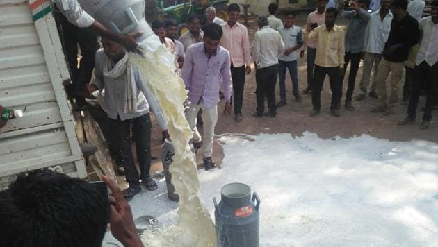 Farmers in Aurangabad’s Gangapur pour milk on the roads to protest the Maharashtra government’s inaction on a loan waiver.(HT photo)