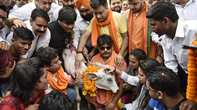 BJP Yuva Morcha activists protesting against the slaughter of a calf by Youth Congress leaders in Kerala, in New Delhi, India, May 30, 2017(Mohd Zakir/HT PHOTO)