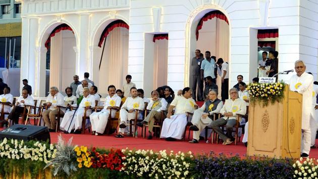 Bihar CM Nitish Kumar addresses the gathering during the 94th birthday celebrations of DMK president M Karunanidhi in Chennai on Saturday. (PTI) Bihar CM Nitish Kumar addresses the gathering during the 94th birthday celebrations of DMK president M Karunanidhi in Chennai on Saturday. (PTI)