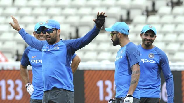 Indian cricket teams Rohit Sharma and skipper Virat Kohli (2nd right) during a practice session ahead of their ICC Champions Trophy Group B match against Pakistan cricket team at Edgbaston in Birmingham, England, on Saturday. (AP) Indian cricket teams Rohit Sharma and skipper Virat Kohli (2nd right) during a practice session ahead of their ICC Champions Trophy Group B match against Pakistan cricket team at Edgbaston in Birmingham, England, on Saturday. (AP)