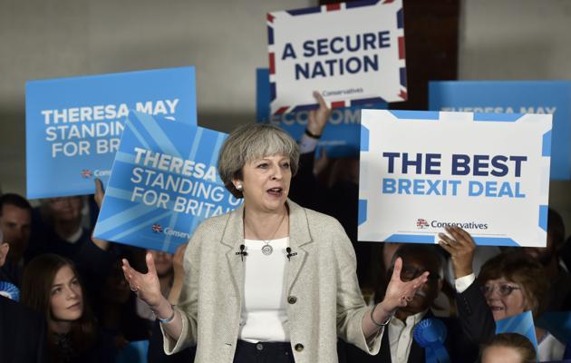 Britain's Prime Minister Theresa May during a campaign event on Saturday. (AFP) Britain's Prime Minister Theresa May during a campaign event on Saturday. (AFP)