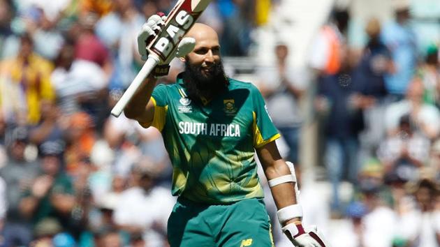 South Africa’s Hashim Amla celebrates reaching 100 runs during the ICC Champions Trophy match against Sri Lanka at The Oval in London on Saturday. (AFP) South Africa’s Hashim Amla celebrates reaching 100 runs during the ICC Champions Trophy match against Sri Lanka at The Oval in London on Saturday. (AFP)