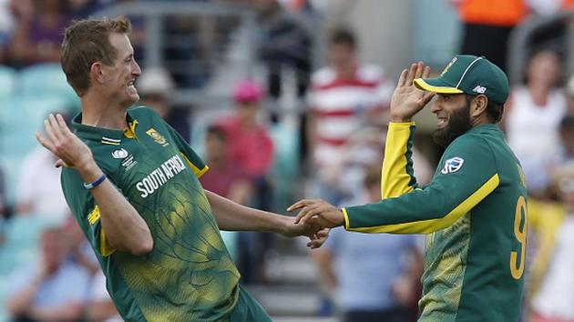 Tahir and paceman Chris Morris shared six wickets between them as South Africa registered their first win of the tournament. (AFP/Getty Images) Tahir and paceman Chris Morris shared six wickets between them as South Africa registered their first win of the tournament. (AFP/Getty Images)