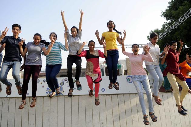 Students of Blossoms Senior Secondary School, Patiala, in jubilant mood. (Bharat Bhushan/HT Photo )