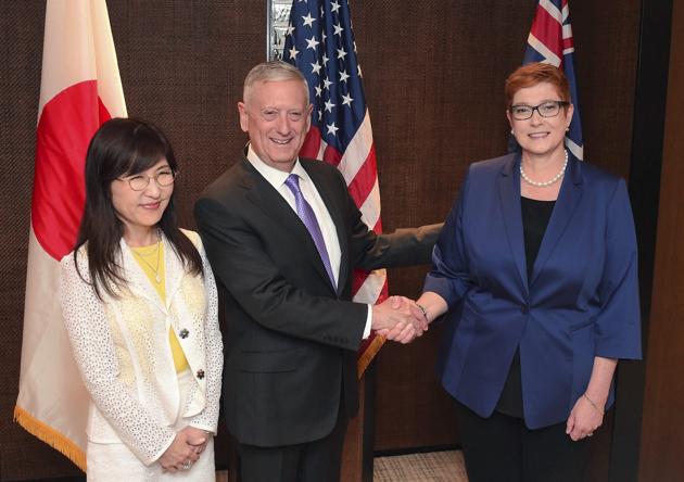 US defence secretary Jim Mattis (center) with Australian defence minister Marise Payne (right) and Japanese defence minister Tomomi Inada in Singapore on Saturday. (AP) US defence secretary Jim Mattis (center) with Australian defence minister Marise Payne (right) and Japanese defence minister Tomomi Inada in Singapore on Saturday. (AP)