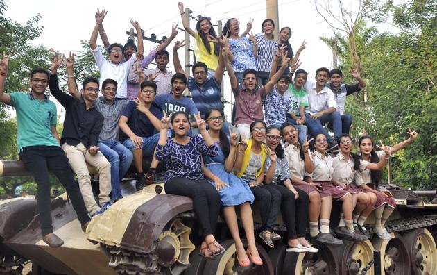 Panchkula Class 10 students in a jubilant mood on Saturday. (Sant Arora/HT Photo )