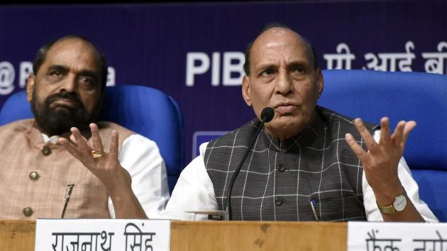 Union home minister Rajnath Singh, with union minister of state for home affairs Hansraj Gangaram Ahir addresses a press conference in New Delhi on Saturday. (Sonu Mehta/HT PHOTO) Union home minister Rajnath Singh, with union minister of state for home affairs Hansraj Gangaram Ahir addresses a press conference in New Delhi on Saturday. (Sonu Mehta/HT PHOTO)