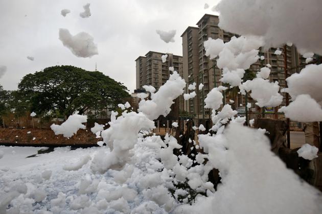 Toxic froth from the polluted Bellandur Lake is blown into the air by wind in Bengaluru on April 20. (Reuters Photo) Toxic froth from the polluted Bellandur Lake is blown into the air by wind in Bengaluru on April 20. (Reuters Photo)