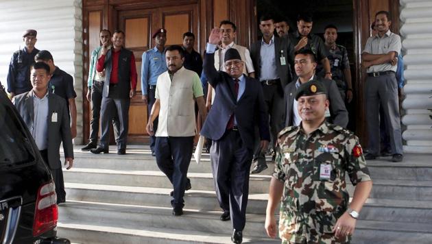 Nepalese Prime minister Pushpa Kamal Dahal waves as he leaves after announcing his resignation, in line with an agreement made with his coalition partner party, in Kathmandu, Nepal on May 24. (AP File) Nepalese Prime minister Pushpa Kamal Dahal waves as he leaves after announcing his resignation, in line with an agreement made with his coalition partner party, in Kathmandu, Nepal on May 24. (AP File)