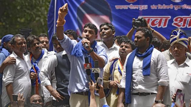 File photograph of Bhim Army founder Chandrashekhar at a protest rally at Jantar-Mantar in New Delhi on May 21. (HT PHOTO) File photograph of Bhim Army founder Chandrashekhar at a protest rally at Jantar-Mantar in New Delhi on May 21. (HT PHOTO)