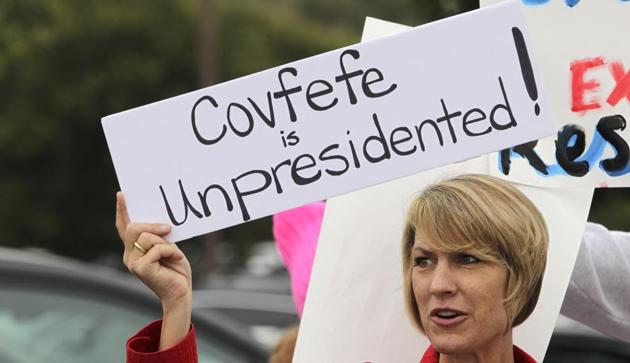 Demonstrator Annette Lievers carries a sign concerning a recent Trump tweet as she joined about 200 demonstrators before a town hall meeting in San Juan Capistrano, California, on Saturday. (AFP) Demonstrator Annette Lievers carries a sign concerning a recent Trump tweet as she joined about 200 demonstrators before a town hall meeting in San Juan Capistrano, California, on Saturday. (AFP)