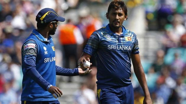 Sri Lanka cricket team’s stand-in skipper Upul Tharanga (left) and Suranga Lakma during their ICC Champions Trophy match against South Africa cricket team at the Oval on Saturday.(REUTERS)