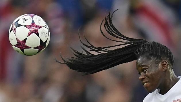 Lyon's French defender Griedge M'Bock Bathy leaps during the UEFA Women's Champions League final football match between Lyon and Paris Saint-Germain at the Cardiff City Stadium in Cardiff, south Wales. (JAVIER SORIANO / AFP) Lyon's French defender Griedge M'Bock Bathy leaps during the UEFA Women's Champions League final football match between Lyon and Paris Saint-Germain at the Cardiff City Stadium in Cardiff, south Wales. (JAVIER SORIANO / AFP)