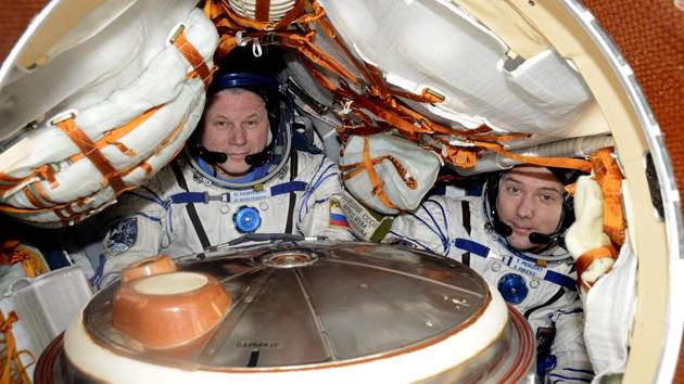 European Space Agency shows ESA French astronaut Thomas Pesquet (R) with Russian commander Oleg Novitsky in their Soyuz MS-03 spacecraft docked to the International Space Station at the end of his six-month Proxima mission. French astronaut Thomas Pesquet is due to return to Earth on June after a marathon 196-day trip that will fall just shy of a record space mission for a European. (AFP) European Space Agency shows ESA French astronaut Thomas Pesquet (R) with Russian commander Oleg Novitsky in their Soyuz MS-03 spacecraft docked to the International Space Station at the end of his six-month Proxima mission. French astronaut Thomas Pesquet is due to return to Earth on June after a marathon 196-day trip that will fall just shy of a record space mission for a European. (AFP)