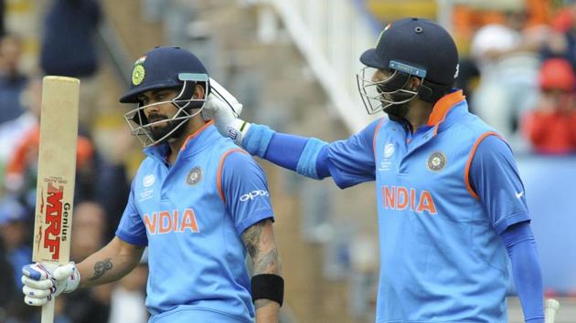 Yuvraj Singh (right) congratulates captain Virat Kohli for scoring a half-century during India vs Pakistan ICC Champions Trophy 2017 match on Sunday. (AP) Yuvraj Singh (right) congratulates captain Virat Kohli for scoring a half-century during India vs Pakistan ICC Champions Trophy 2017 match on Sunday. (AP)