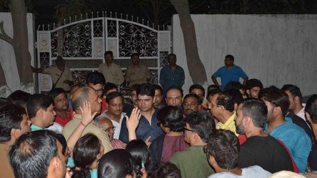 The police and administrative officials have deputed police at a residential locality in Indirapuram where a retired IAS officer allegedly buried his wife at a vacant plot on Sunday. (Sakib Ali/HT Photo) The police and administrative officials have deputed police at a residential locality in Indirapuram where a retired IAS officer allegedly buried his wife at a vacant plot on Sunday. (Sakib Ali/HT Photo)