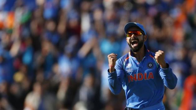 Indian cricket team captain Virat Kohli celebrates the wicket of Pakistan’s Azhar Ali in the Champions Trophy match, Sunday, June 5, 2017. (REUTERS) Indian cricket team captain Virat Kohli celebrates the wicket of Pakistan’s Azhar Ali in the Champions Trophy match, Sunday, June 5, 2017. (REUTERS)