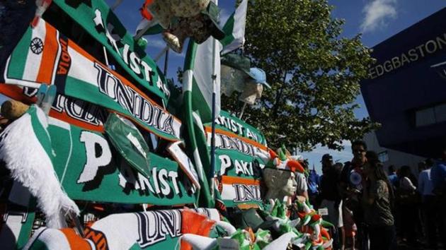 Scarves on sale outside the ground ahead of the ICC Champions Trophy match between India and Pakistan.(REUTERS)