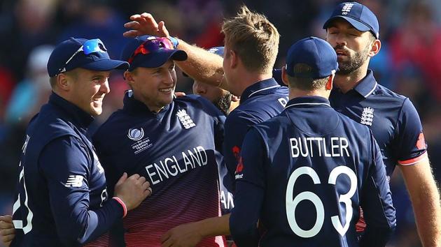 England's Joe Root (2nd L) celebrates with teammates after catching New Zealand's Ross Taylor in their ICC Champions Trophy clash. Get highlights of England vs New Zealand here. (AFP) England's Joe Root (2nd L) celebrates with teammates after catching New Zealand's Ross Taylor in their ICC Champions Trophy clash. Get highlights of England vs New Zealand here. (AFP)
