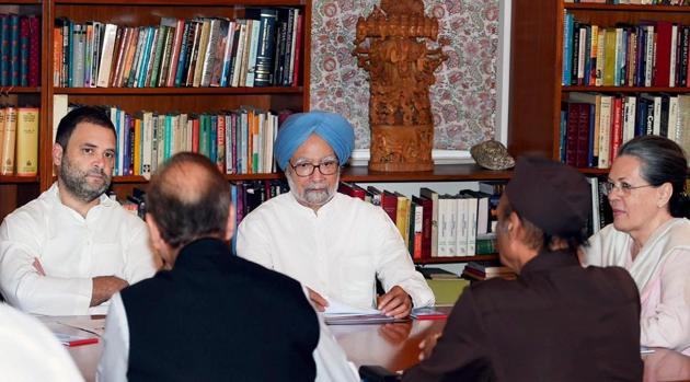 Former prime minister Manmohan Singh, Congress president Sonia Gandhi, party vice-president Rahul Gandhi and other leaders during the Congress Working Committee (CWC) meeting at 10 Janpath in New Delhi on Tuesday. (PTI) Former prime minister Manmohan Singh, Congress president Sonia Gandhi, party vice-president Rahul Gandhi and other leaders during the Congress Working Committee (CWC) meeting at 10 Janpath in New Delhi on Tuesday. (PTI)