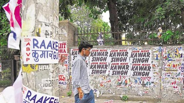 File picture of posters on a college wall before student council elections. Scenes like this won’t be visible in Bengal from this year. (HT Photo) File picture of posters on a college wall before student council elections. Scenes like this won’t be visible in Bengal from this year. (HT Photo)