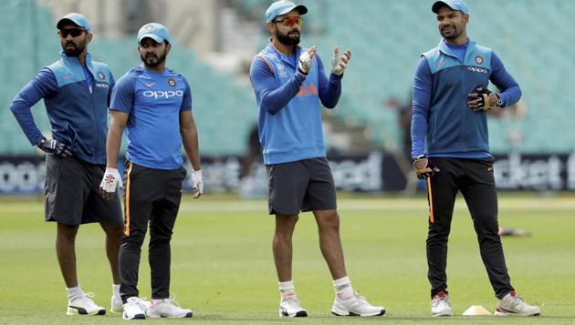 Dinesh Karthik, Kedar Jadhav, Kohli and Shikhar Dhawan attend a training session. (AP) Dinesh Karthik, Kedar Jadhav, Kohli and Shikhar Dhawan attend a training session. (AP)
