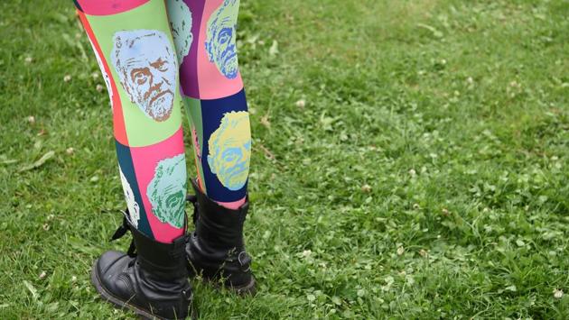 A supporter wears a pair of Jeremy Corbyn decorated tights at a general election campaign event in Birmingham. (Paul Ellis/AFP) A supporter wears a pair of Jeremy Corbyn decorated tights at a general election campaign event in Birmingham. (Paul Ellis/AFP)
