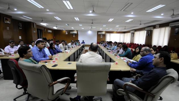 AKTU officials held a meeting with representatives of the colleges and companies taking part in the two-day job fair. (Sunil Ghosh/HT Photo) AKTU officials held a meeting with representatives of the colleges and companies taking part in the two-day job fair. (Sunil Ghosh/HT Photo)