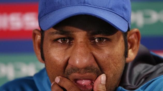 Pakistan skipper Sarfraz Ahmed during a press conference in Birmingham on Tuesday. Pakistan face South Africa in a must-win ICC Champions Trophy match in Edgbaston on Wednesday.(REUTERS)