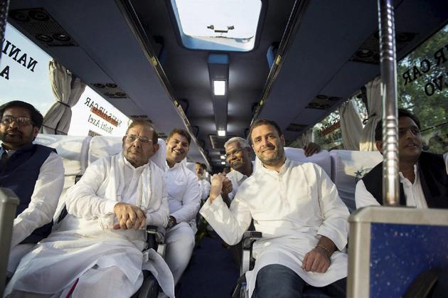 Congress Vice President Rahul Gandhi with Janata Dal (U) leader Sharad Yadav, Samajwadi Party leader and former UP chief minister Akhilesh Yadav, CPI leader D Raja and RJD leader Jaya Prakash Yadav on way to a rally in Guntur, Andhra Pradesh. (PTI) Congress Vice President Rahul Gandhi with Janata Dal (U) leader Sharad Yadav, Samajwadi Party leader and former UP chief minister Akhilesh Yadav, CPI leader D Raja and RJD leader Jaya Prakash Yadav on way to a rally in Guntur, Andhra Pradesh. (PTI)