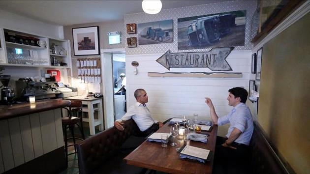 Former US President Barack Obama caught up with Canadian Prime Minister Justin Trudeau on Tuesday at Montreal’s Liverpool House restaurant. (Twitter) Former US President Barack Obama caught up with Canadian Prime Minister Justin Trudeau on Tuesday at Montreal’s Liverpool House restaurant. (Twitter)