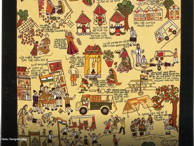 An example of textiles produced by various craftsmen in and around Bhuj, Gujarat, as an expression of the aftermath of the terrible earthquake in that region in 2002.(Image courtesy Chhatrapati Shivaji Maharaj Vastu Sangrahalaya)