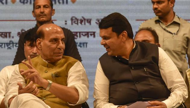 Union home minister Rajnath Singh with Maharashtra chief minister Devendra Fadnavis at Shanmukhananda Hall, Sion, in Mumbai on Thursday. (Kunal Patil/HT photo) Union home minister Rajnath Singh with Maharashtra chief minister Devendra Fadnavis at Shanmukhananda Hall, Sion, in Mumbai on Thursday. (Kunal Patil/HT photo)