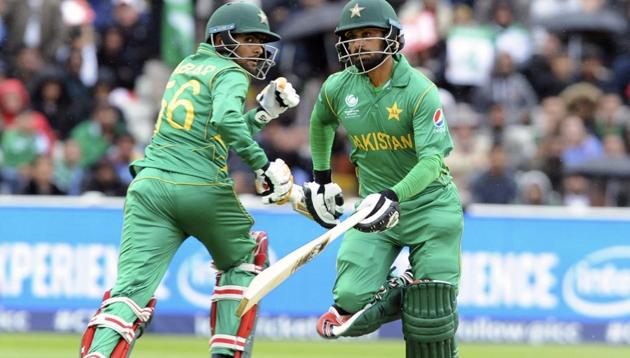 Pakistan's Babar Azam, left, and Pakistan's Mohammad Hafeez run between wickets during the ICC Champions Trophy match between Pakistan and South Africa at Edgbaston in Birmingham, England, Wednesday. Pakistan won the match to keep their knockout hopes alive. (AP) Pakistan's Babar Azam, left, and Pakistan's Mohammad Hafeez run between wickets during the ICC Champions Trophy match between Pakistan and South Africa at Edgbaston in Birmingham, England, Wednesday. Pakistan won the match to keep their knockout hopes alive. (AP)
