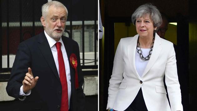Combination picture shows opposition Labour Party leader Jeremy Corbyn (left) voting in north London and British Prime Minister Theresa May (right) voting in Maidenhead on June 8, 2017 for the general election. (AFP) Combination picture shows opposition Labour Party leader Jeremy Corbyn (left) voting in north London and British Prime Minister Theresa May (right) voting in Maidenhead on June 8, 2017 for the general election. (AFP)