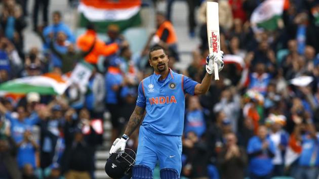 India's Shikhar Dhawan celebrates reaching his century against Sri Lanka in Thursday’s ICC Champions Trophy 2017 match at The Oval. (REUTERS) India's Shikhar Dhawan celebrates reaching his century against Sri Lanka in Thursday’s ICC Champions Trophy 2017 match at The Oval. (REUTERS)