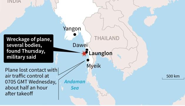Map of Myanmar locating the area where the military on Thursday found the wreckage of a plane that went missing with more than 120 people on board. (AFP) Map of Myanmar locating the area where the military on Thursday found the wreckage of a plane that went missing with more than 120 people on board. (AFP)