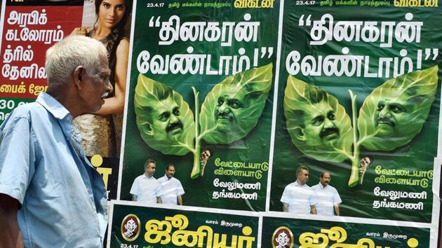 A poster of a popular magazine depicts the factional feud going on in the AIADMK. (PTI File/ Representational Photo) A poster of a popular magazine depicts the factional feud going on in the AIADMK. (PTI File/ Representational Photo)