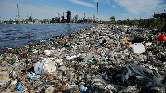 Residue seen in front of an oil refinery in Montevideo, Uruguay. (Andres Stapff/REUTERS)