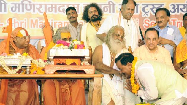 Deputy chief minister Keshav Prasad Maurya along wih BJP leader Subramanian Swamy at the birthday celebrations of Ram Janmabhoomi Nyas chief Mahant Nritya Gopal Das in Ayodhya. (Ashok Dutta/HT Photo) Deputy chief minister Keshav Prasad Maurya along wih BJP leader Subramanian Swamy at the birthday celebrations of Ram Janmabhoomi Nyas chief Mahant Nritya Gopal Das in Ayodhya. (Ashok Dutta/HT Photo)