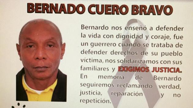 Bernardo Cuero was shot dead by gunmen in northern Colombia.(Twitter: AFRODES)