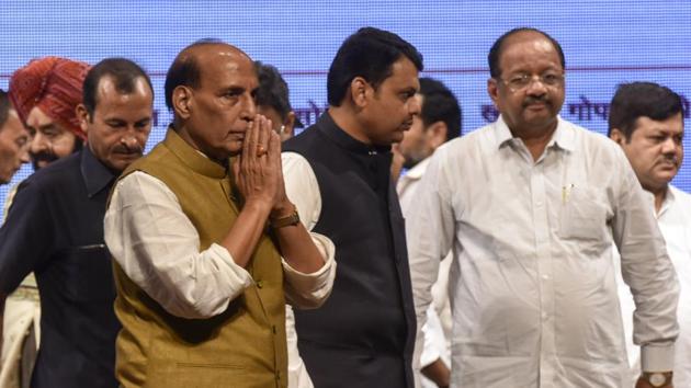 Union home minister Rajnath Singh and Chief Minister Devendra Fadnavis during BJP function for completing three years in government at Shanmukhananda Hall ,Sion in Mumbai, India, on Thursday, June 8, 2017. (Kunal Patil/HT Photo) Union home minister Rajnath Singh and Chief Minister Devendra Fadnavis during BJP function for completing three years in government at Shanmukhananda Hall ,Sion in Mumbai, India, on Thursday, June 8, 2017. (Kunal Patil/HT Photo)