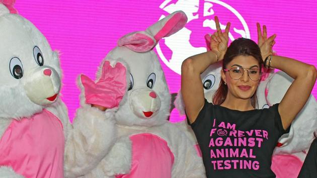Bollywood actor Jacqueline Fernandez participates in a campaign, called Forever Against Animal Testing, at Lower Parel in Mumbai. (Satyabrata Tripathy/HT )