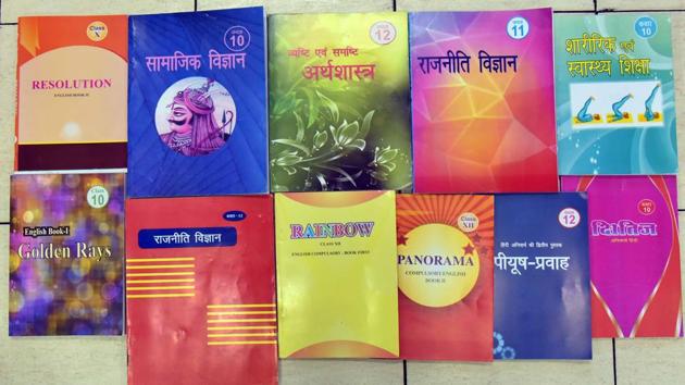 The Rajasthan board’s new class X, XI and XII books. Education experts are calling the revisions in history as ‘Hinduisation’ of India’s freedom struggle.(HT Photo)