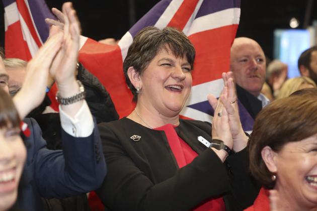 DUP leader Arlene Foster in East Belfast during the counting of votes.(AP)