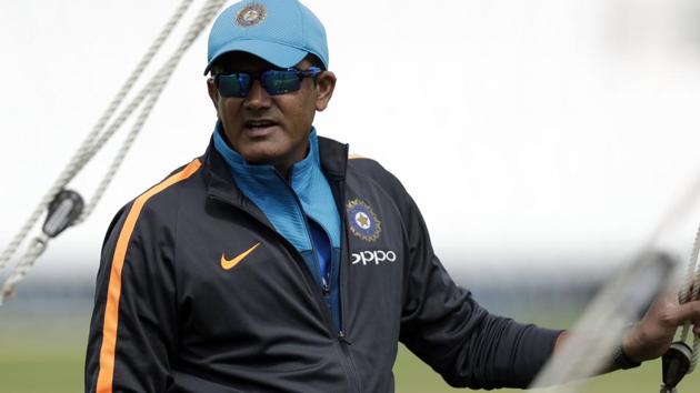 India's head coach Anil Kumble attends a training session at the Oval cricket ground in London.(AP)